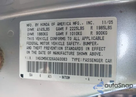 2006 Honda Accord 2.4 Se from USA, damaged, VIN 1HGCM56326A040083